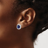 Sterling Silver Stud Earrings with Cushion-Cut Deep Blue Cubic Zirconia and Halo Design