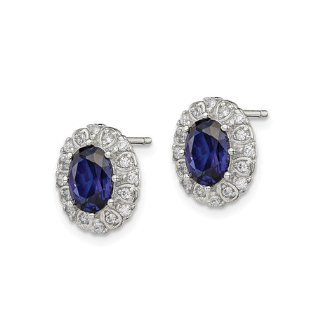 Sterling Silver Stud Earrings with Lab Created Sapphire and Cubic Zirconia in Vintage Halo Setting