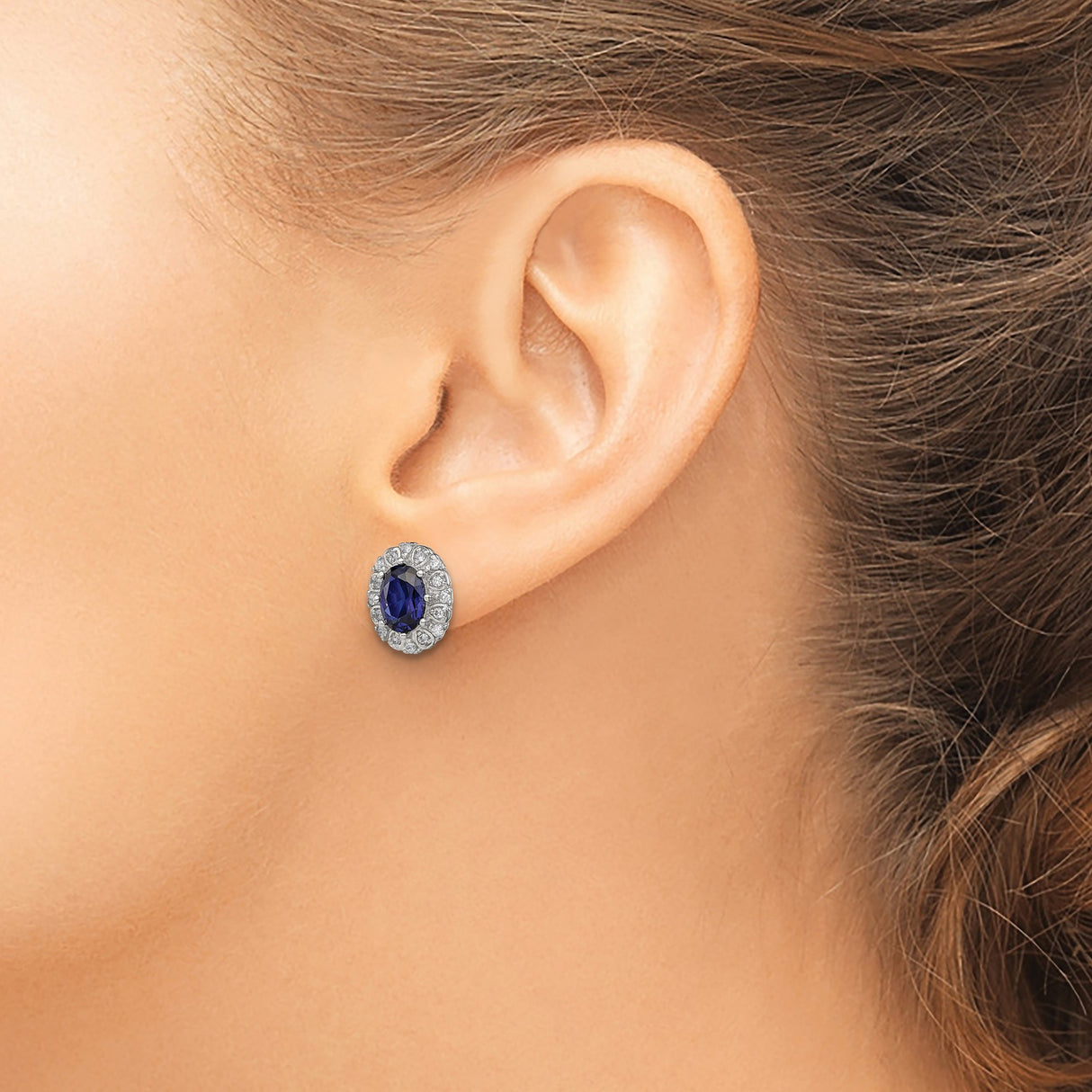 Sterling Silver Stud Earrings with Lab Created Sapphire and Cubic Zirconia in Vintage Halo Setting