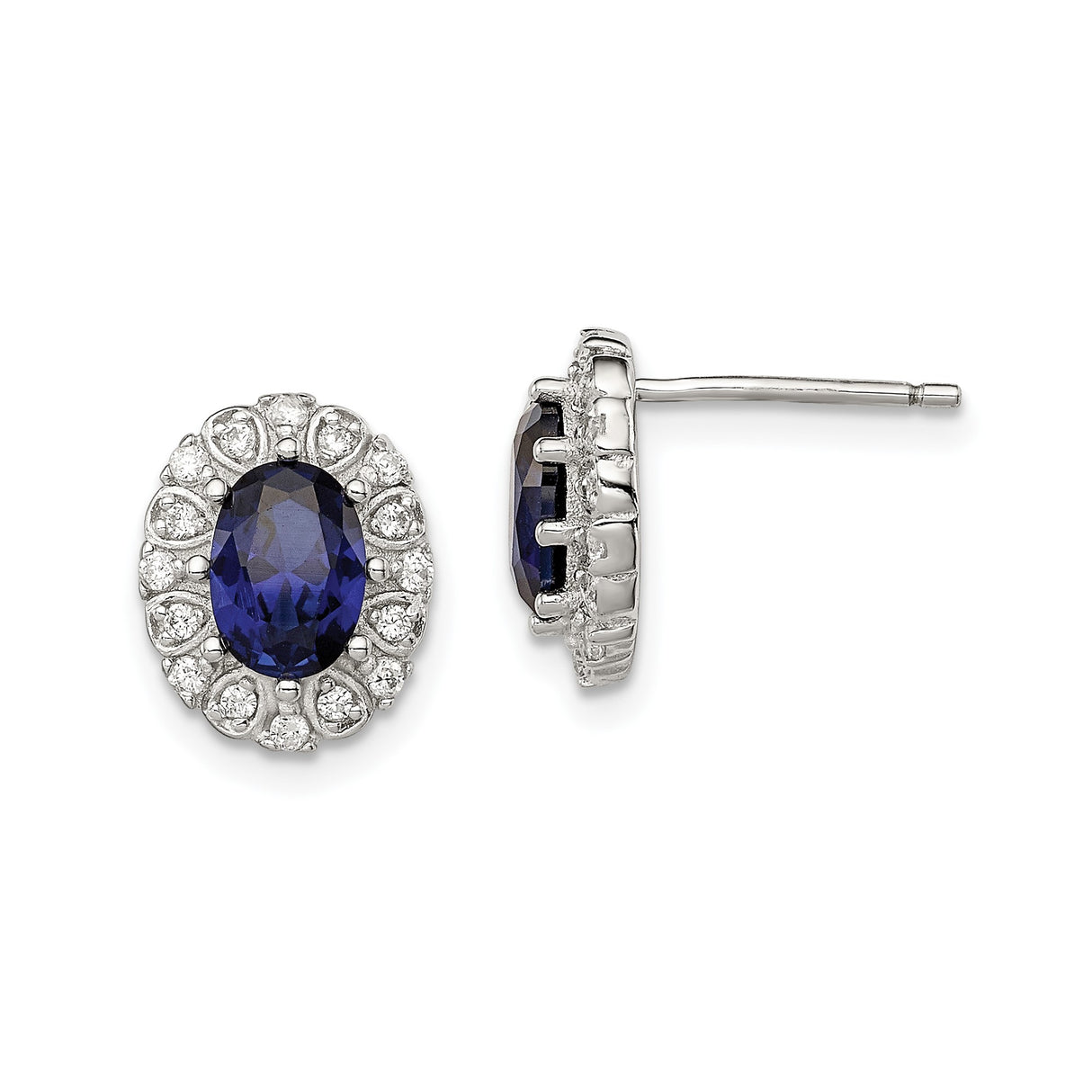 Sterling Silver Stud Earrings with Lab Created Sapphire and Cubic Zirconia in Vintage Halo Setting