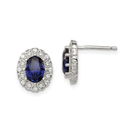 Sterling Silver Stud Earrings with Lab Created Sapphire and Cubic Zirconia in Vintage Halo Setting
