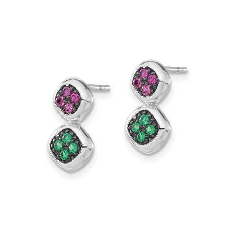 Sterling Silver Dangle Stud Earrings with Created Ruby and Synthetic Spinel, Geometric Drop Design