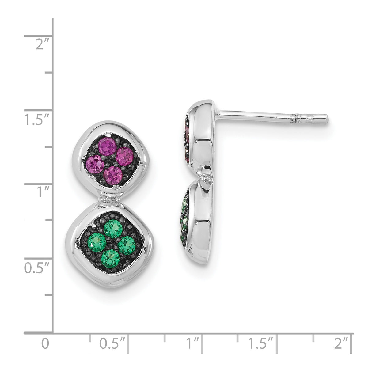 Sterling Silver Dangle Stud Earrings with Created Ruby and Synthetic Spinel, Geometric Drop Design