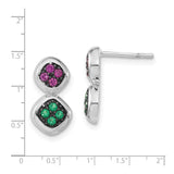Sterling Silver Dangle Stud Earrings with Created Ruby and Synthetic Spinel, Geometric Drop Design