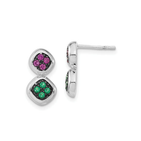 Sterling Silver Dangle Stud Earrings with Created Ruby and Synthetic Spinel, Geometric Drop Design