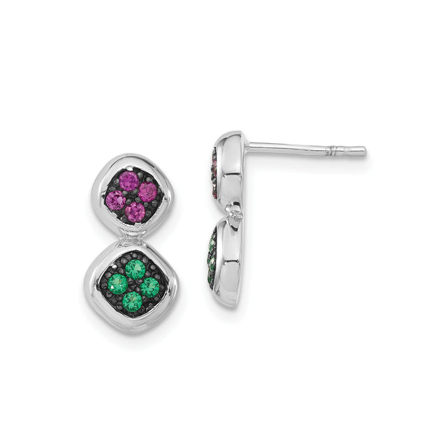 Sterling Silver Dangle Stud Earrings with Created Ruby and Synthetic Spinel, Geometric Drop Design