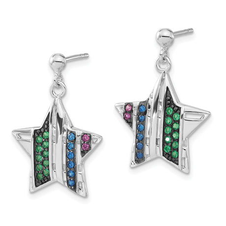 Sterling Silver Dangle Earrings with Created Ruby and Synthetic Spinel, Star Shaped Celestial Design
