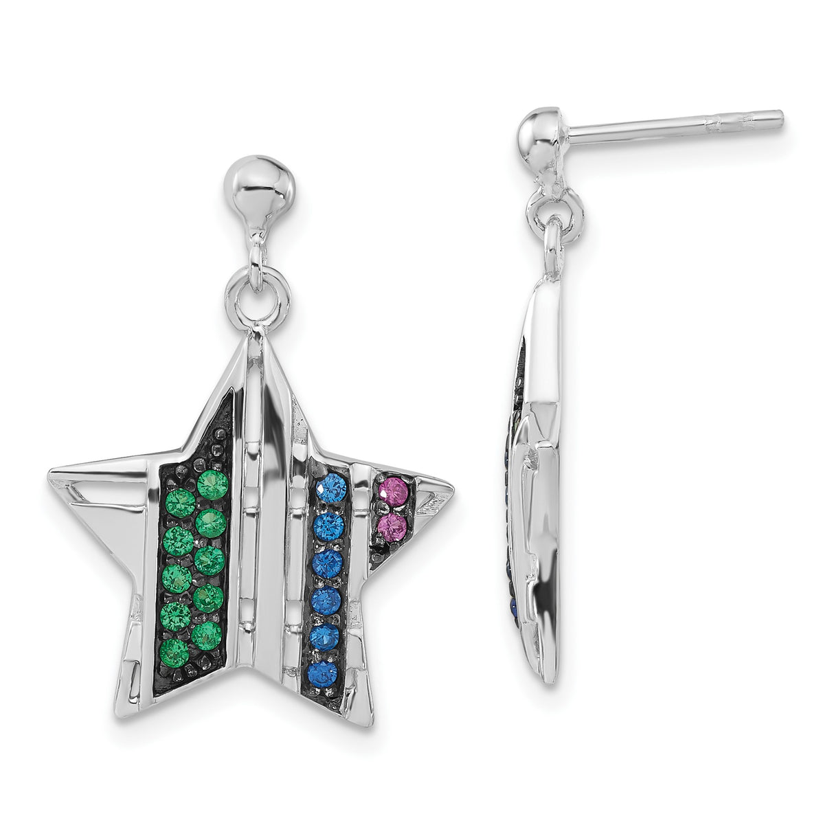 Sterling Silver Dangle Earrings with Created Ruby and Synthetic Spinel, Star Shaped Celestial Design