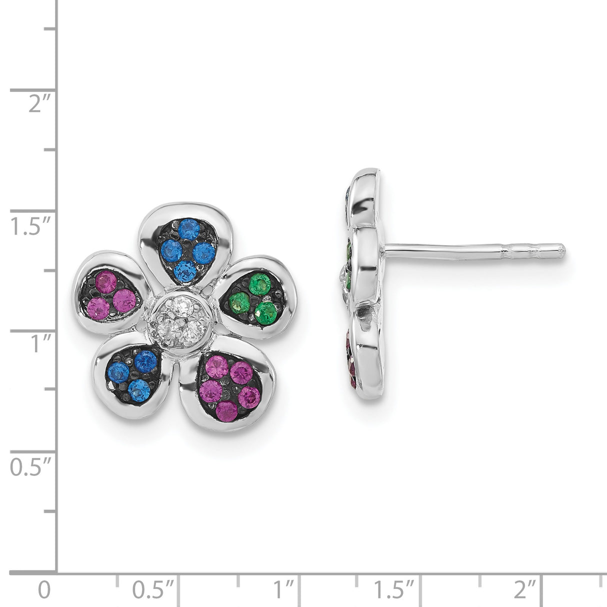 Sterling Silver Flower Stud Earrings with Cubic Zirconia and Lab Created Ruby, Five-Petal Design