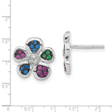 Sterling Silver Flower Stud Earrings with Cubic Zirconia and Lab Created Ruby, Five-Petal Design