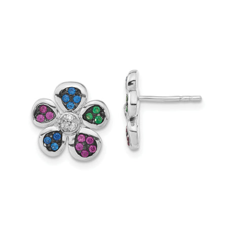Sterling Silver Flower Stud Earrings with Cubic Zirconia and Lab Created Ruby, Five-Petal Design