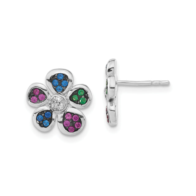 Sterling Silver Flower Stud Earrings with Cubic Zirconia and Lab Created Ruby, Five-Petal Design