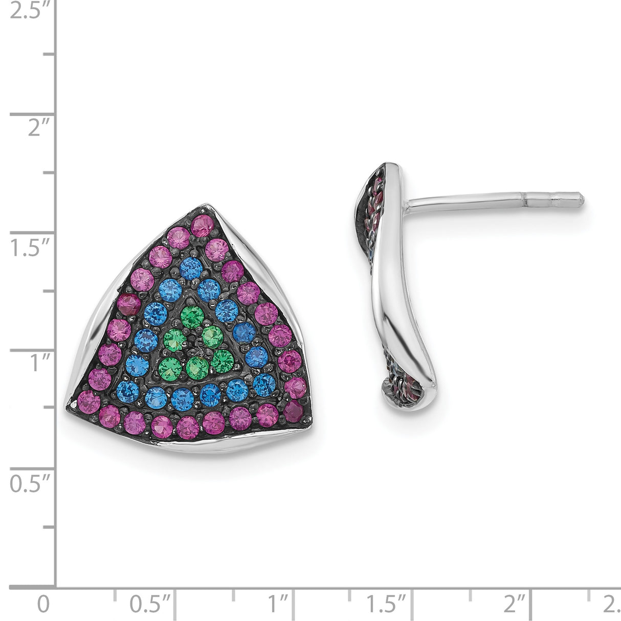 Sterling Silver Triangle Stud Earrings with Created Ruby and Synthetic Spinel, Geometric Design
