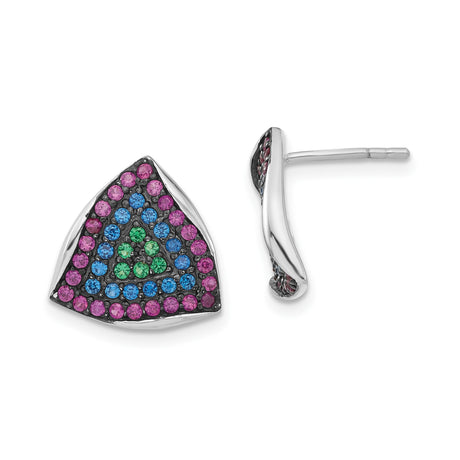 Sterling Silver Triangle Stud Earrings for Women with Multicolor Cubic Zirconia in Blue Pink Green, Modern Geometric Design, Bold Fashion Silver Posts, Contemporary Casual or Evening Jewelry