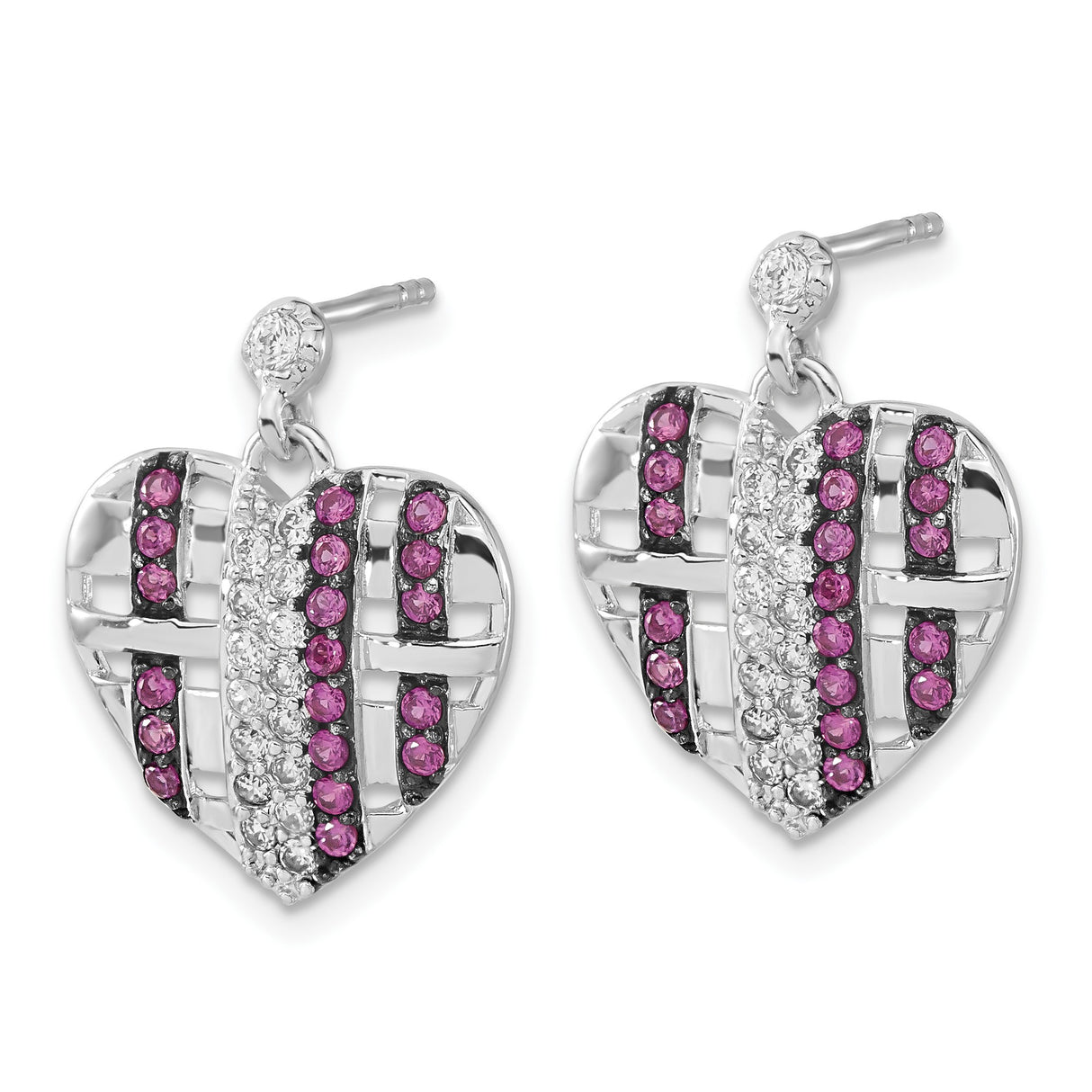 Sterling Silver Heart Shaped Dangle Earrings with Cubic Zirconia and Lab Created Ruby
