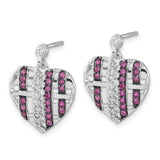 Sterling Silver Heart Shaped Dangle Earrings with Cubic Zirconia and Lab Created Ruby