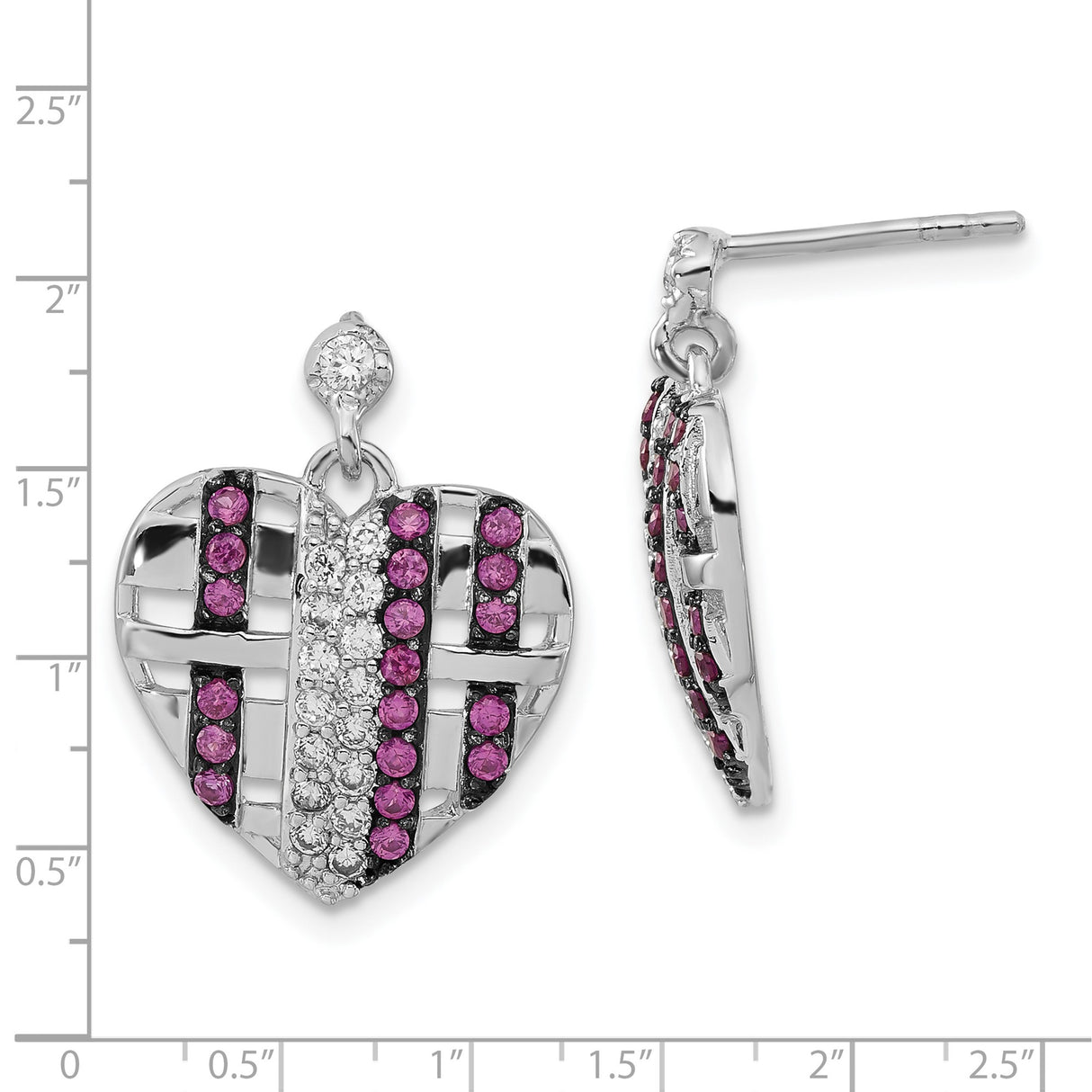 Sterling Silver Heart Shaped Dangle Earrings with Cubic Zirconia and Lab Created Ruby