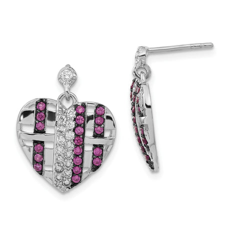 Sterling Silver Heart Shaped Dangle Earrings with Cubic Zirconia and Lab Created Ruby