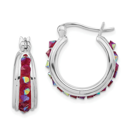 Sterling Silver Hoop Earrings with Red Cubic Zirconia and Iridescent Crystals, Geometric Design