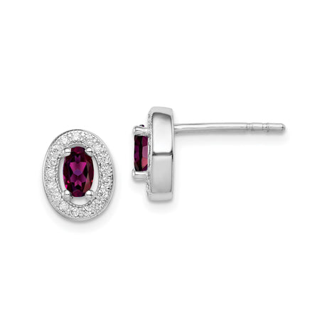 Sterling Silver Oval Stud Earrings with Deep Purple Cubic Zirconia and Halo Setting
