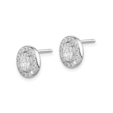 Sterling Silver Oval Stud Earrings with Clear Cubic Zirconia and Halo Setting for Women