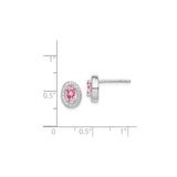 Sterling Silver Stud Earrings with Oval Pink Gemstone and Cubic Zirconia Halo
