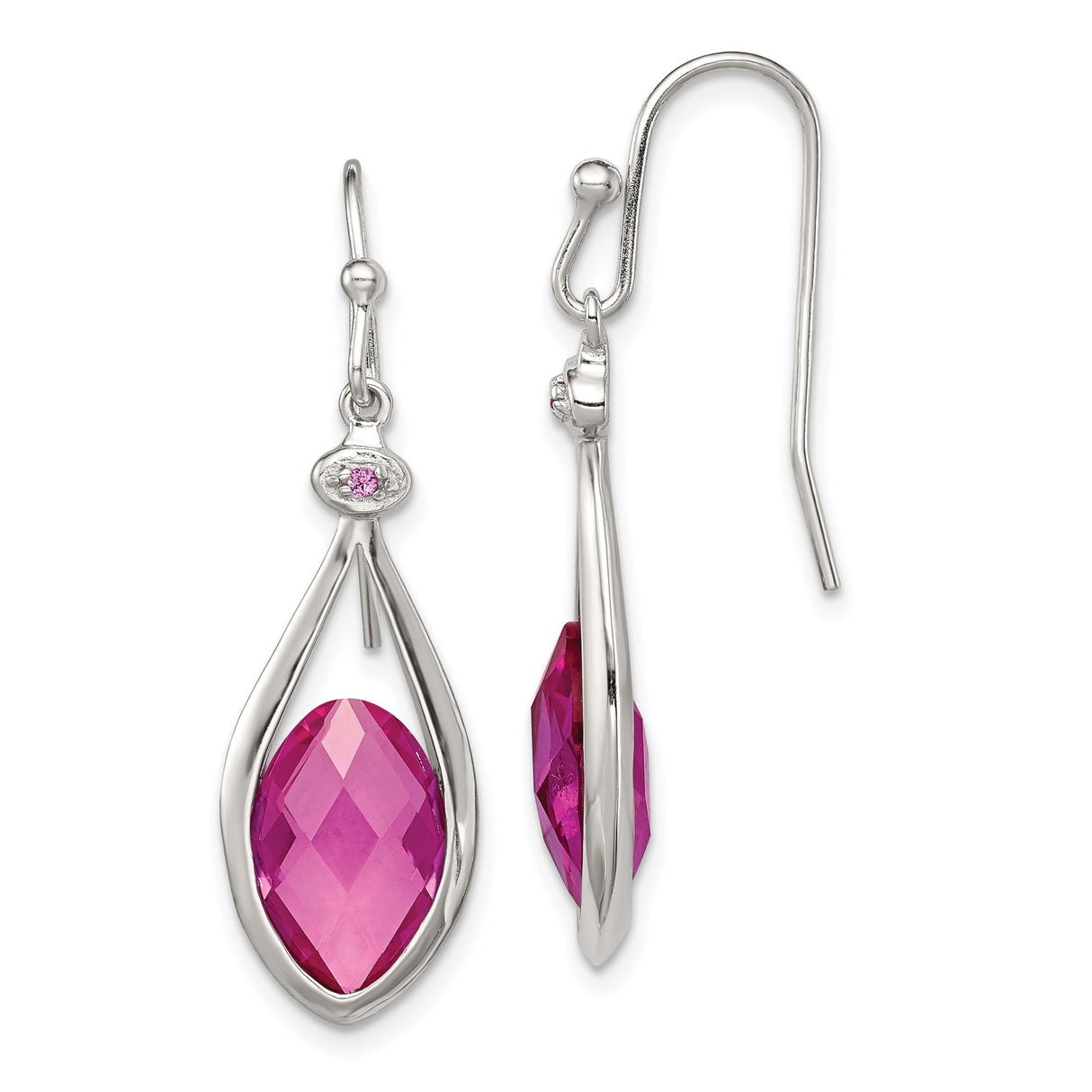 Sterling Silver Dangle Earrings with Marquise Pink Gemstones and Open Teardrop Design