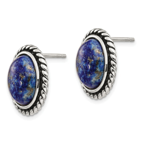 Sterling Silver Stud Earrings with Oval Lapis Lazuli, Twisted Rope Border, Boho Vintage Style