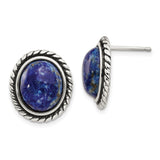 Sterling Silver Stud Earrings with Oval Lapis Lazuli, Twisted Rope Border, Boho Vintage Style