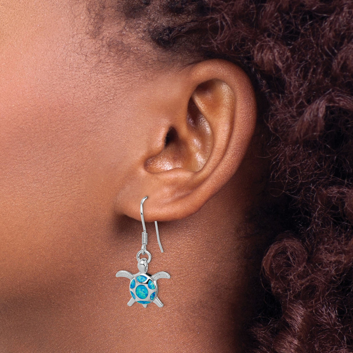 Sterling Silver Turtle Drop Earrings with Created Opal, Ocean Theme, Lightweight Design
