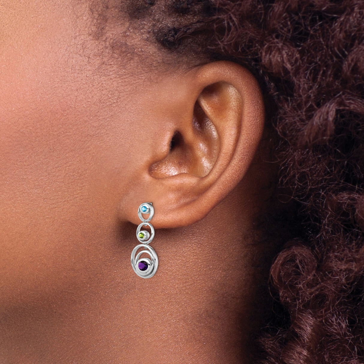 Sterling Silver Dangle Earrings with Amethyst and Peridot, Layered Open Oval Design