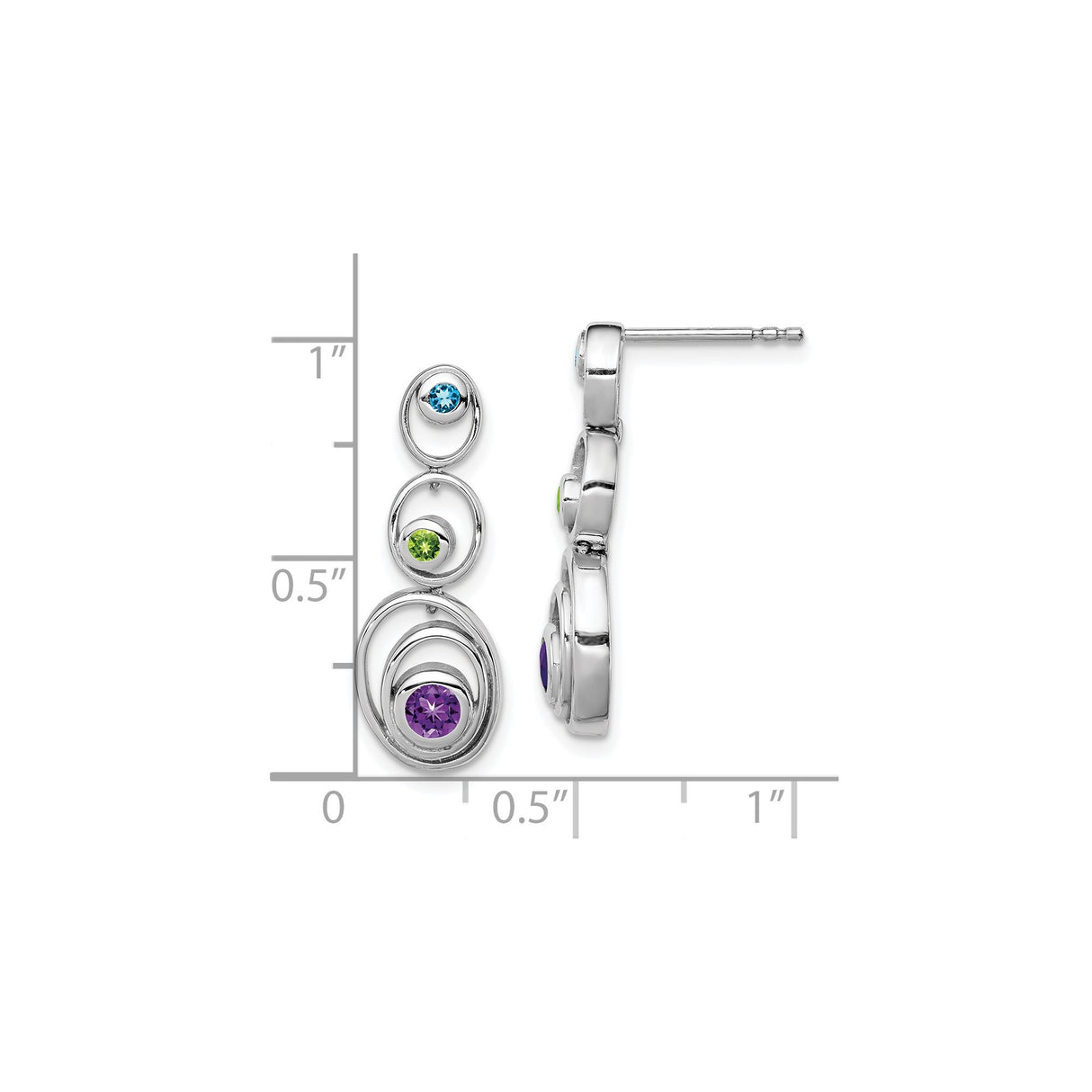 Sterling Silver Dangle Earrings with Amethyst and Peridot, Layered Open Oval Design