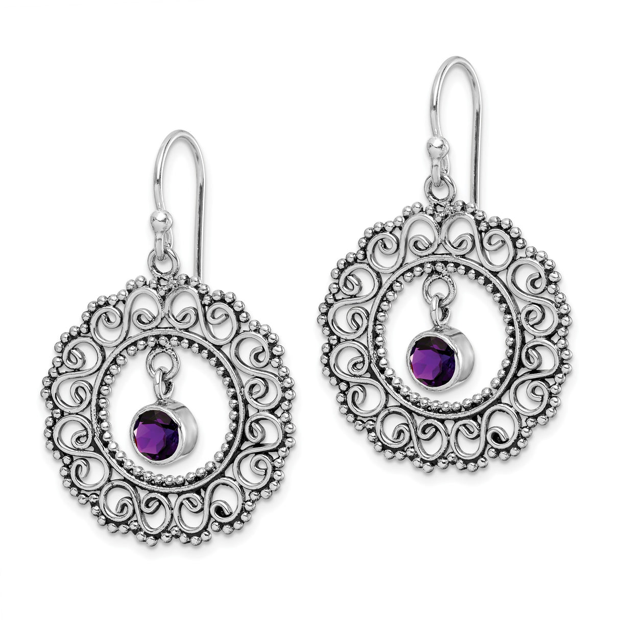 Sterling Silver Dangle Earrings with Amethyst, Filigree Swirl Design, Vintage Boho Style for Women
