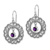 Sterling Silver Dangle Earrings with Amethyst, Filigree Swirl Design, Vintage Boho Style for Women