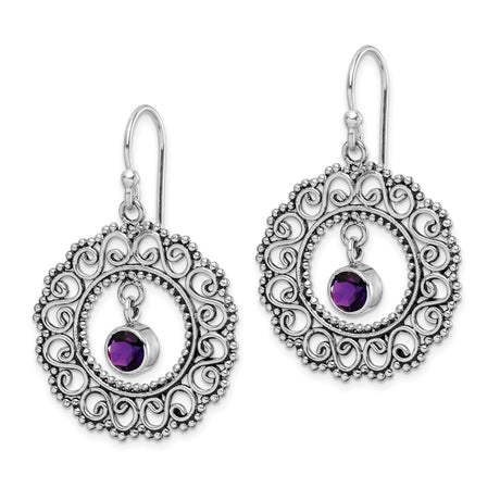 Sterling Silver Dangle Earrings with Amethyst, Filigree Swirl Design, Vintage Boho Style for Women