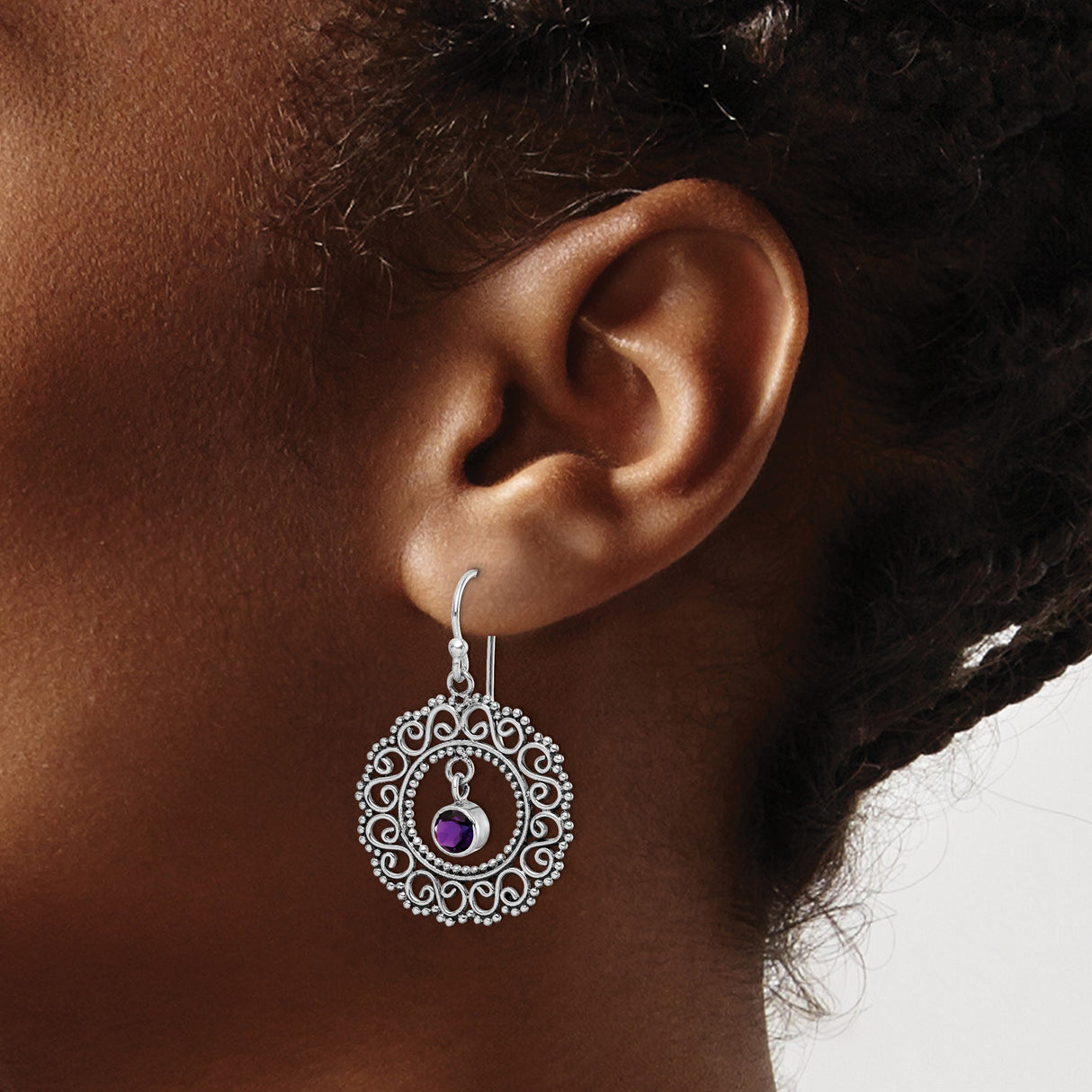 Sterling Silver Dangle Earrings with Amethyst, Filigree Swirl Design, Vintage Boho Style for Women