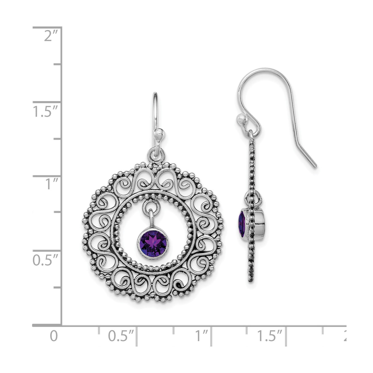 Sterling Silver Dangle Earrings with Amethyst, Filigree Swirl Design, Vintage Boho Style for Women