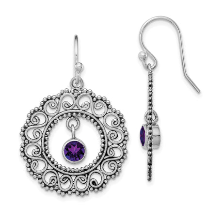 Sterling Silver Dangle Earrings with Amethyst, Filigree Swirl Design, Vintage Boho Style for Women