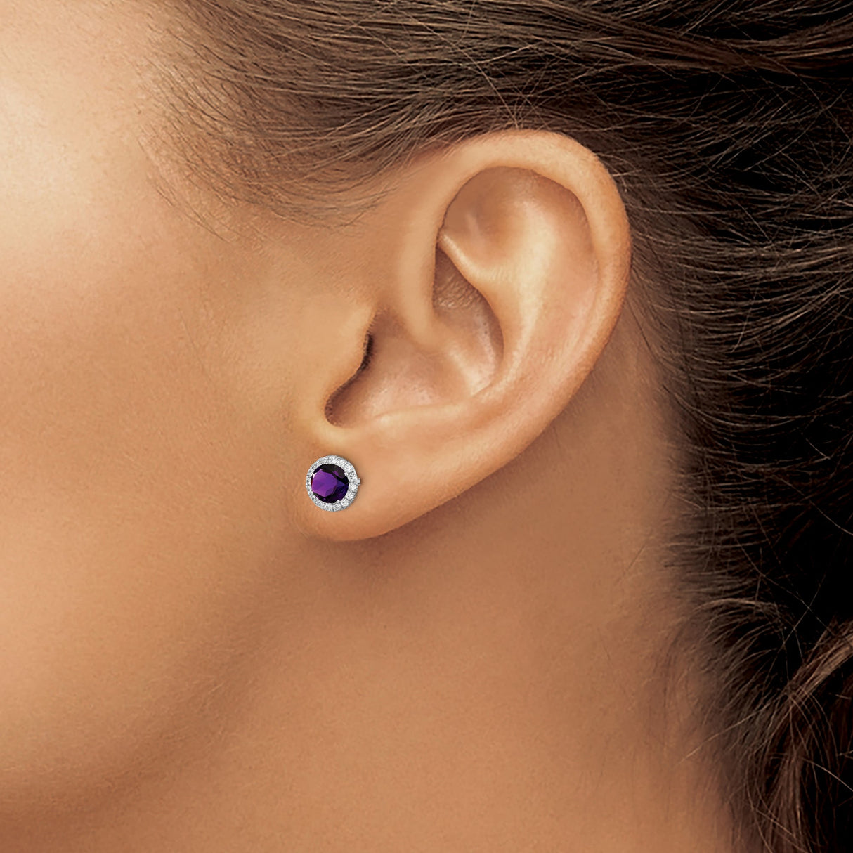 Sterling Silver Stud Earrings with Amethyst Cubic Zirconia, Halo Design