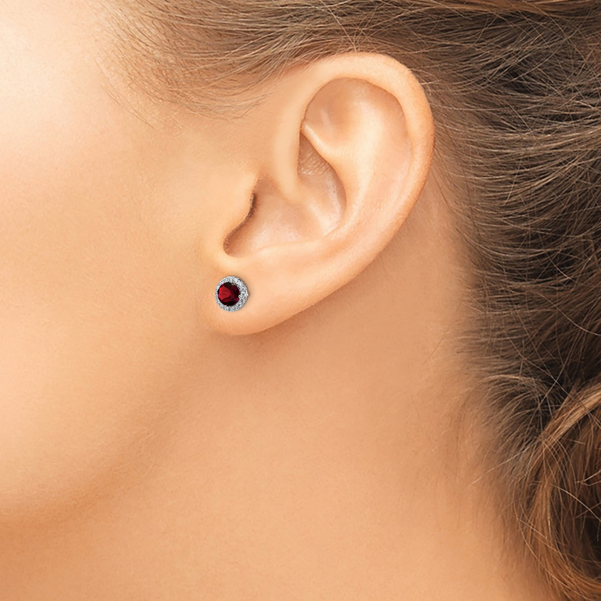 Sterling Silver Stud Earrings with Garnet and Cubic Zirconia Halo Design