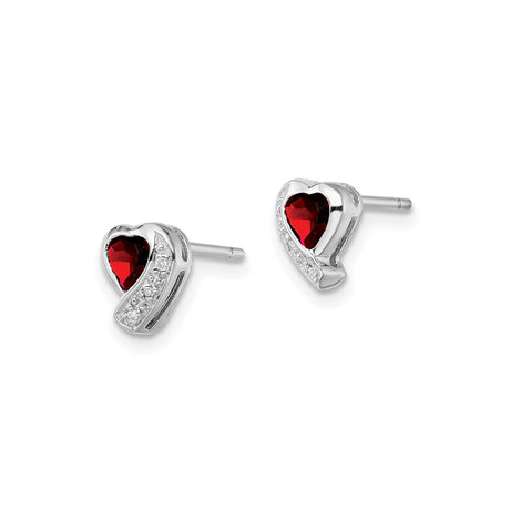 Sterling Silver Heart Stud Earrings with Garnet and Diamond Accents for Women