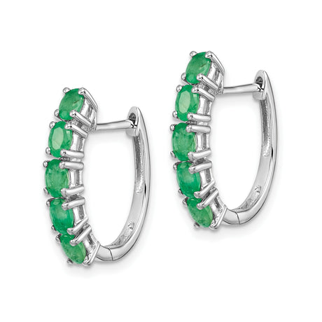 Sterling Silver Hoop Earrings with Oval Cut Emerald in Channel Setting, Modern Minimalist Style