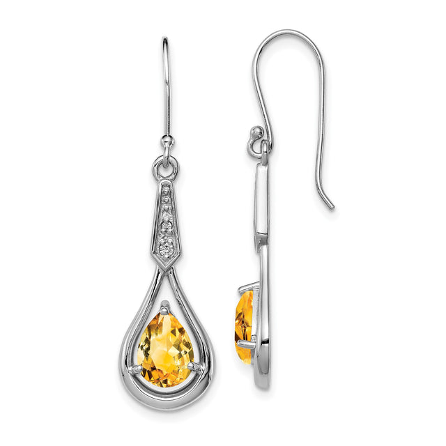 Sterling Silver Dangle Earrings with Pear Shaped Citrine and Cubic Zirconia Teardrop Design