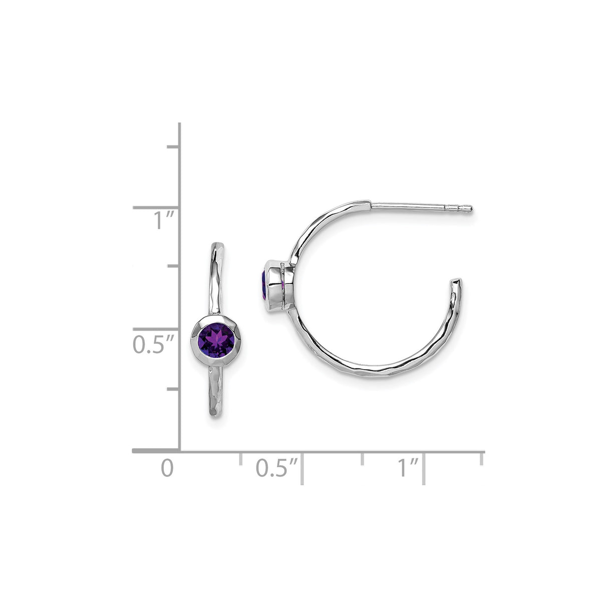 Sterling Silver Hoop Earrings with Amethyst, Hammered Finish, Modern Minimal Design