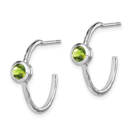 Sterling Silver Hoop Earrings with Peridot, Bezel Set, Hammered Texture, Minimalist Design