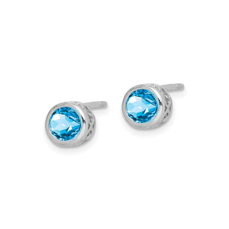 Sterling Silver Stud Earrings with Round Sky Blue Topaz, Bezel Set, Fleur-de-Lis Detail