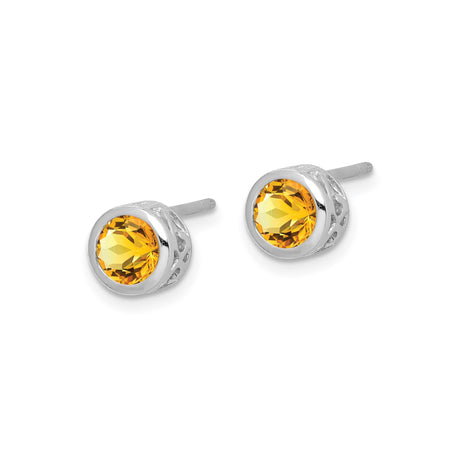 Sterling Silver Stud Earrings with Citrine in Bezel Setting, Fleur-de-lis Design