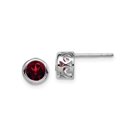 Sterling Silver Fleur-de-Lis Stud Earrings with Round Garnet Center, French Heritage Design
