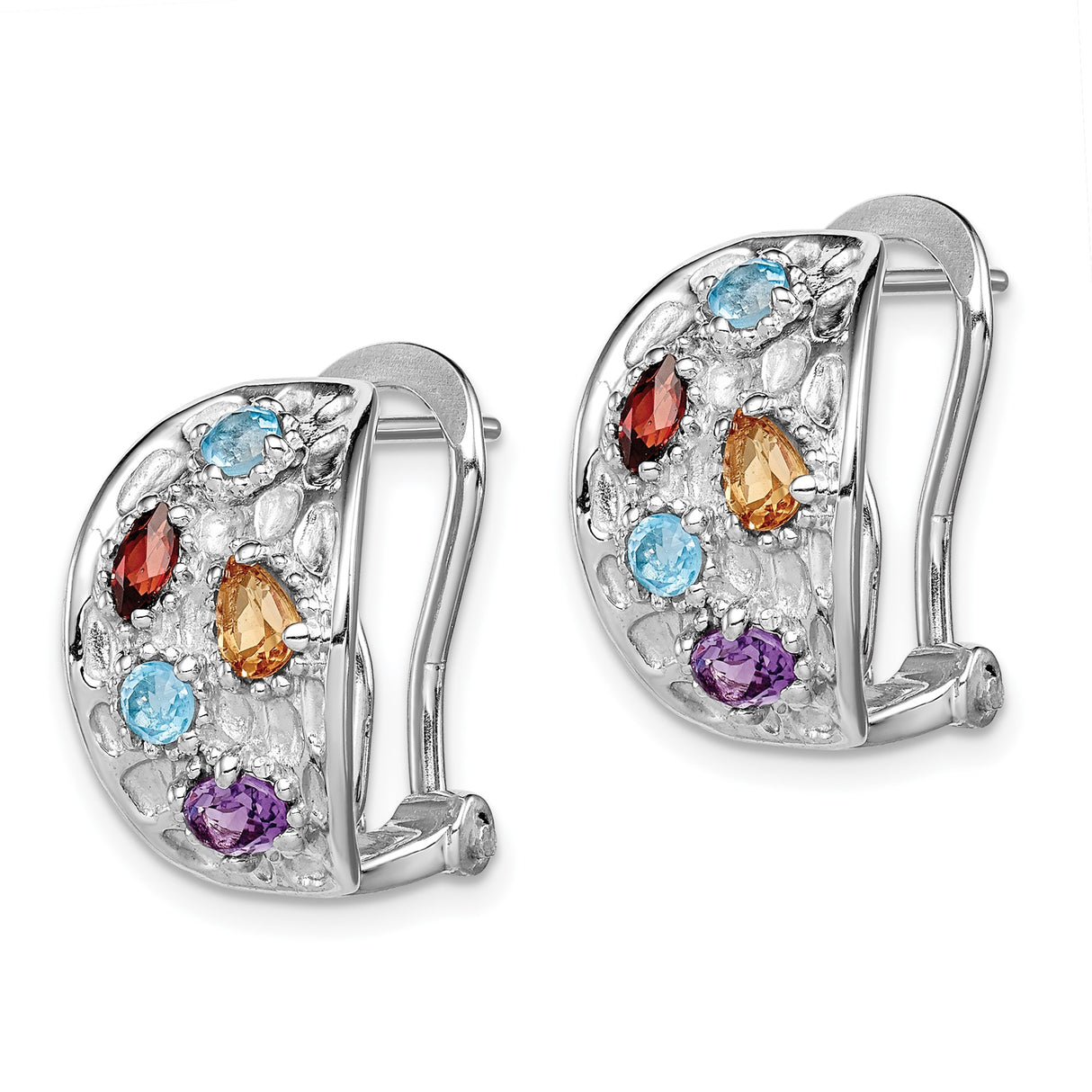 Sterling Silver Hoop Earrings with Amethyst and Swiss Blue Topaz, Textured Openwork Design