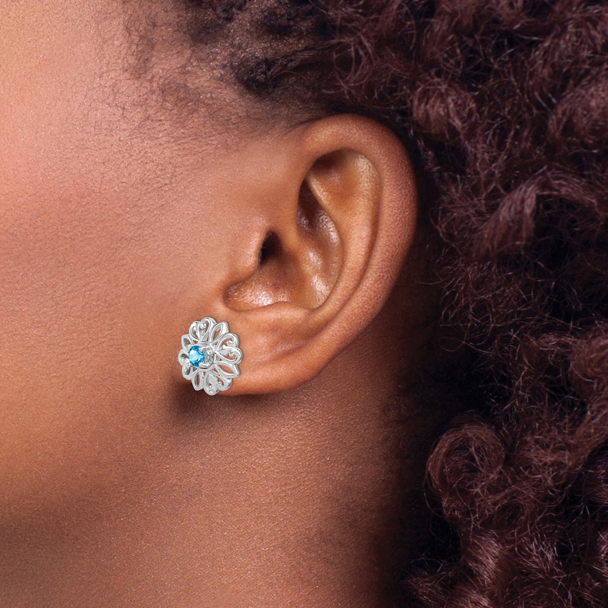 Sterling Silver Stud Earrings with Swiss Blue Topaz, Floral Filigree and Heart Accents